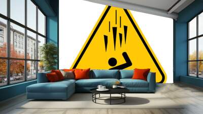 Caution falling ice spikes sign. Vector illustration of yellow triangle warning sign with human figure underneath falling ice. Risk of injury from icicles. Avoid areas where ice falls. Dangerous zone. Wall mural