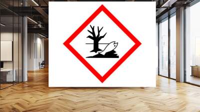 Dangerous for the environment warning sign. Vector illustration of red border square sign with dead fish and tree icon inside. Environmental pollution symbol. Caution danger zone. Contamination beware Wall mural