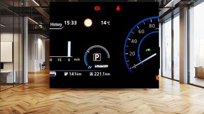 Electric car dashboard panel during charging battery. Modern digital car display showing information about energy economy history and the battery range. Wall mural