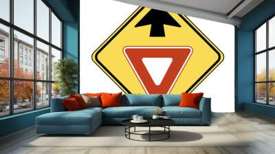 Yield ahead road sign. Vector illustration of yellow diamond shaped traffic sign with black arrow and Yield sign inside. Caution for driver. Slow down because you are approaching intersection. Wall mural