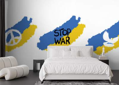 A set of stickers with the Flag of Ukraine with the dove of peace, with the inscription stop war, with the sign of peace to the world Wall mural