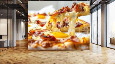 Close-up of a melted cheese pull on a breakfast pizza with bacon and eggs Wall mural