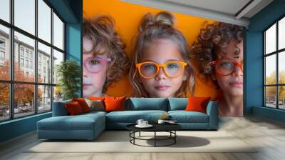 Three Adorable Children Wearing Colorful Glasses Against a Bright Orange Background - Diversity and Inclusion Concept Wall mural