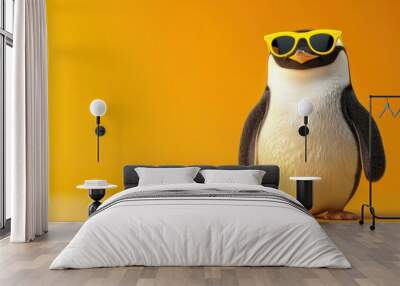 3d illustration of cute happy penguin wearing yellow sunglasses, smiling and looking at camera, on solid background Wall mural