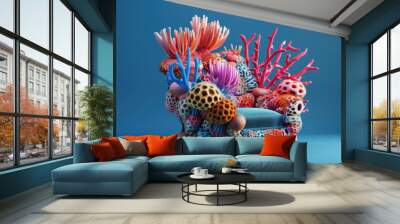 A chair made of coral and sea anemone blue background. Wall mural