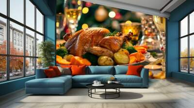 A juicy deep fried turkey on top surrounded by many vegetables with potato dishes, wine glass and juice on a table Wall mural