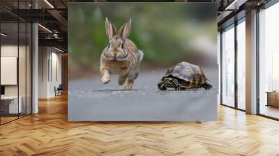 A rabbit and a turtle looking at each other on the road. Wall mural