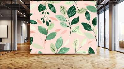 A seamless pattern with pastel green leaves, pink background, playful and whimsical design, cute pattern. Wall mural