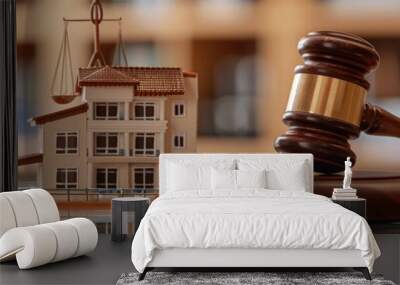 A small wooden gavel and miniature model of an apartment building on a glass table with a blurred background Wall mural