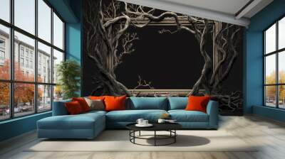 Branches of tree roots frame an empty frame, black background.Generative AI. Wall mural