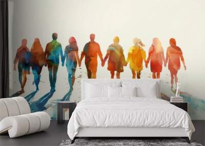 group of people figure holding hand and walking forward including shadow with water colour painting Wall mural