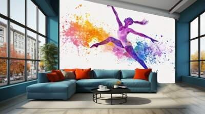 shape of a gymnast in the air with colour splash on white background Wall mural