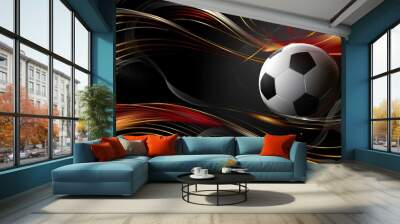 Soccer ball on abstract background with golden lines and waves in black and red colour Wall mural