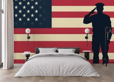 Soldier silhouette saluting in front of the American flag on Memorial Day Wall mural