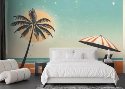 summer vibe poster design with an umbrella and beach chair on the sand, sunny day, a palm tree in the background Wall mural