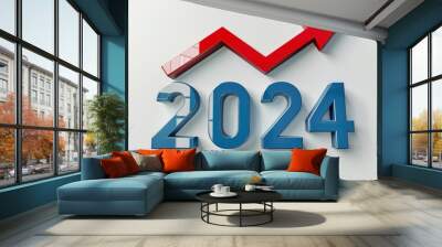 the blue text 2024 with an red arrow pointing upwards on white background Wall mural