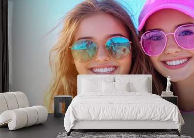 Two women are smiling and wearing glasses and hats Wall mural