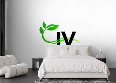 Green Leaf IV Logo Icon, Letter Iv vi Logo Letter Vector Leaf Icon Design Wall mural