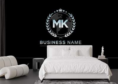 Initial MK m k letter Logo, Global mk creative two letters logo and circle Leaf Globe Royal Crown and Star image design Wall mural