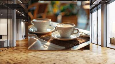 Two cups of coffee on a table in a cozy, sunlit cafe. Wall mural