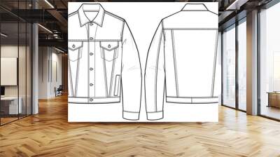 Classic trucker jacket design flat sketch Illustration front and back view vector template, Denim Jacket drawing mock up template for men and women Wall mural