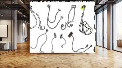 Earphone jack hole port sew on jacket and backpack bag flat sketch vector illustrator. Set of Headphone rubber port hole patch for bags, back backs, jackets, Shorts. Wall mural