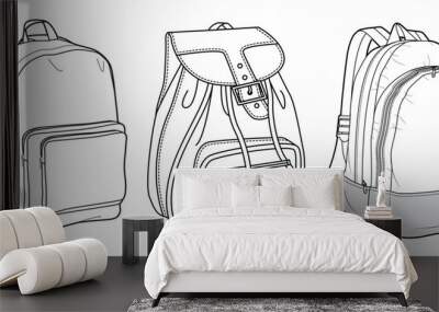 Set of Backpack bag flat sketch fashion illustration drawing template mock up, Backpack cad drawing. Wall mural