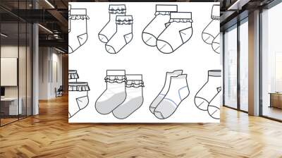 Set of Kids frill Socks flat sketch fashion illustration drawing template mock up, Children ruffle socks cad drawing for Baby, infants and toddlers, baby crew socks design drawing Wall mural