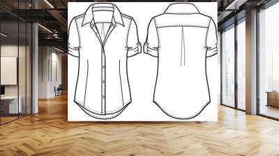 Women's button tab sleeve Shirt Blouse flat sketch fashion illustration drawing front and back view, Long sleeve Curved hem formal shirt for girls and ladies template mock up Wall mural