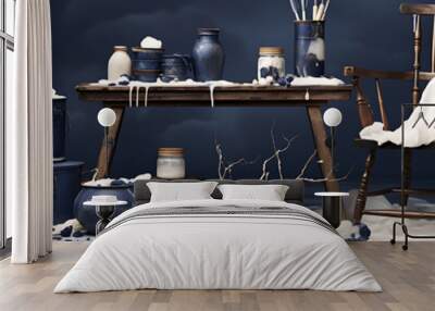 A blue and white still life with a vintage feel, evoking a sense of mystery and tranquility. 
 Wall mural