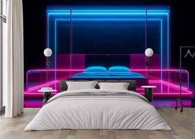 Futuristic bedroom with a bed, pink and blue neon lights, a modern and stylish design for a website or social media post. 
 Wall mural