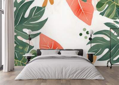 Vibrant green and orange tropical leaves create a summery and refreshing background for your designs. 
 Wall mural