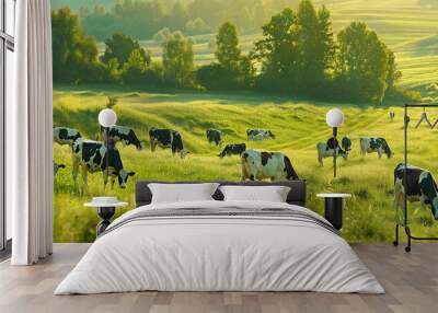 Cows eating lush grass on the green field Wall mural