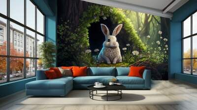 Easter bunny in a beautiful forest - Generative AI Wall mural