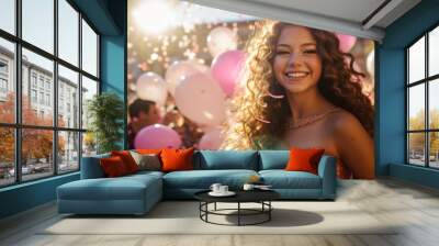 Happy 15 year old girl celebrating her Quinceanera with balloons Wall mural