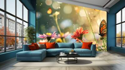 Morning meadow landscape with flowers and butterflies Wall mural