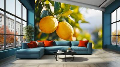 Yellow lemons on the lemon tree branches in a beautiful sunny day Wall mural