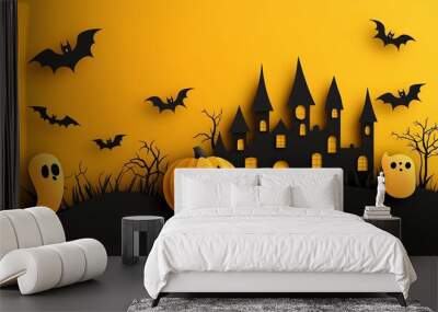 3D illustration of Halloween . pumpkin, ghost, candle, bat and castle silhouette background.generative ai Wall mural