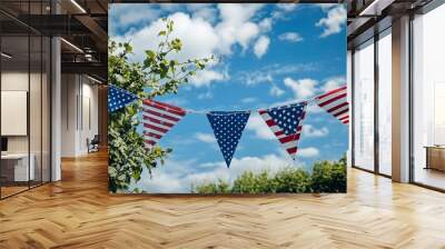 A blue and white memorial day banner with stars and stripes .generative ai Wall mural