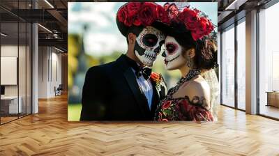 A bridal couple with typical Mexican make up and costumes at the cemetery. generative ai Wall mural