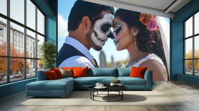 A bridal couple with typical Mexican make up and costumes at the cemetery. generative ai Wall mural