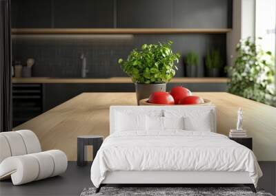 A close-up image of a wooden kitchen island with a bowl of apple, a decor plant, and a copy space in a modern bright and clean kitchen. 3d render, generative ai Wall mural