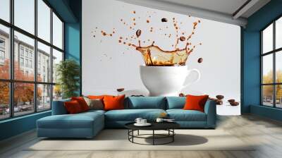 A white porcelain coffee cup on a white saucer, with a dynamic splash of coffee rising above the brim. generative ai Wall mural