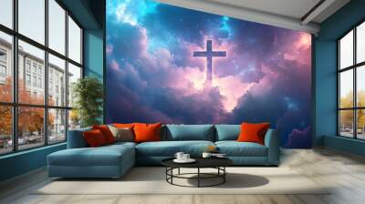 Abstract wallpaper of a Cross in heavenly, ethereal clouds and shining lights. Cross background symbolizing prayer, heaven, or spirituality. generative ai Wall mural