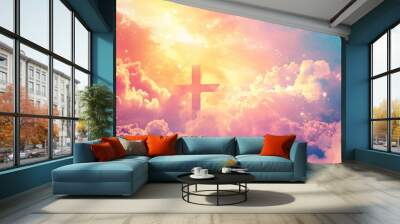 Abstract wallpaper of a Cross in heavenly, ethereal clouds and shining lights. Cross background symbolizing prayer, heaven, or spirituality. generative ai Wall mural