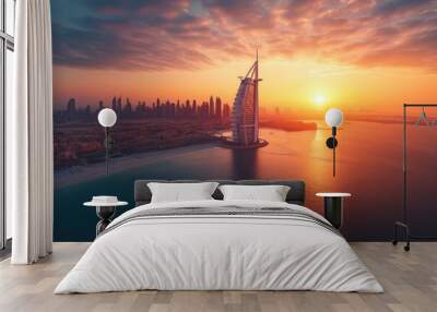 Aerial view of Burj Al Arab Jumeirah Island or boat building, Dubai Downtown skyline, United Arab Emirates or UAE. Financial district in urban city. Skyscrapers at sunset.generative ai Wall mural