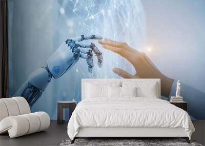 AI, Machine learning, Hands of robot and human touching on big data network connection background, Science and artificial intelligence technology, innovation and futuristic. generative ai Wall mural