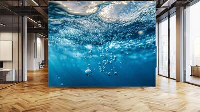 Air Bubbles Float Up Under Blue Water. Pure Water Wave, Oxygen Relaxation. Blue Water Textured on White Background..generative ai Wall mural