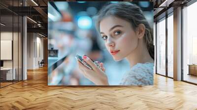 Beautiful girls doing makeup with lipstick looking at store window at mall .generative ai Wall mural