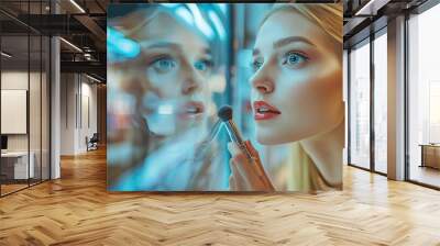 Beautiful girls doing makeup with lipstick looking at store window at mall .generative ai Wall mural